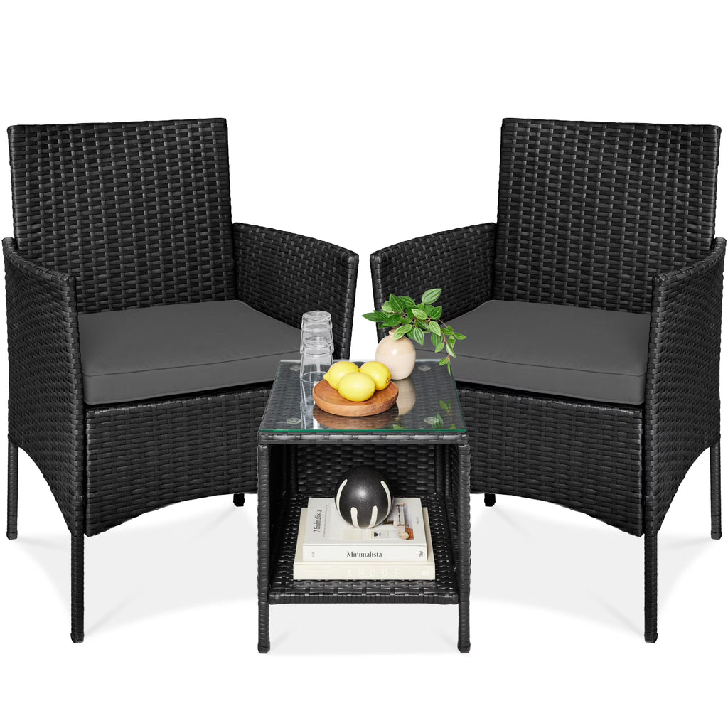 Best Choice Products 3-Piece Outdoor Wicker Conversation Patio Bistro Set, w/ 2 Chairs, Table - Gray/Navy