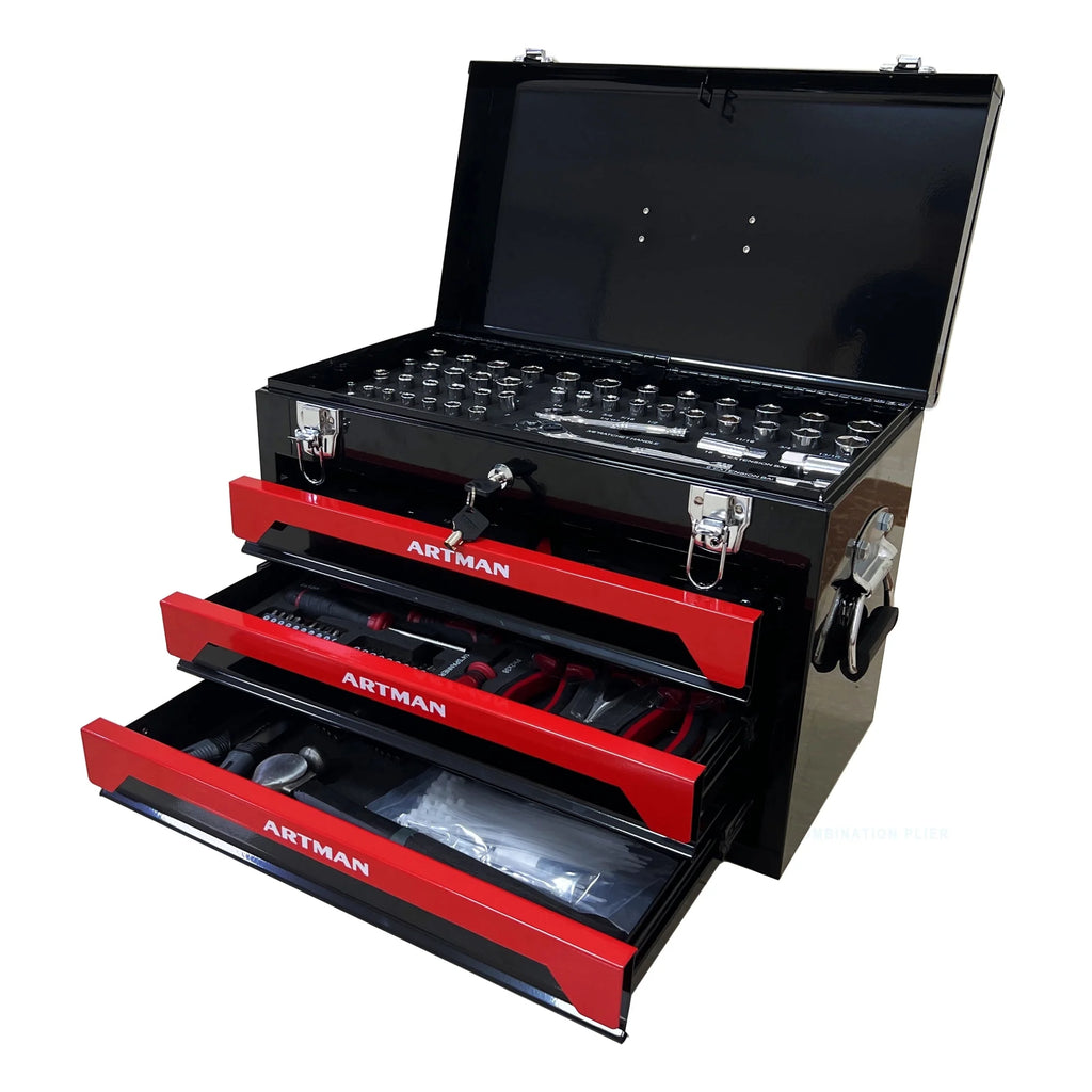NIGSQJB Tool Set 439pcs with 3 Drawers Tool Box Organizer, Mechanic Tool Set for Home, Tool Box Set 4-Tier Socket Wrench Ratchet Plier Nails, Home Tool Set Mechanics Kit for Adults Man Handyman, Red