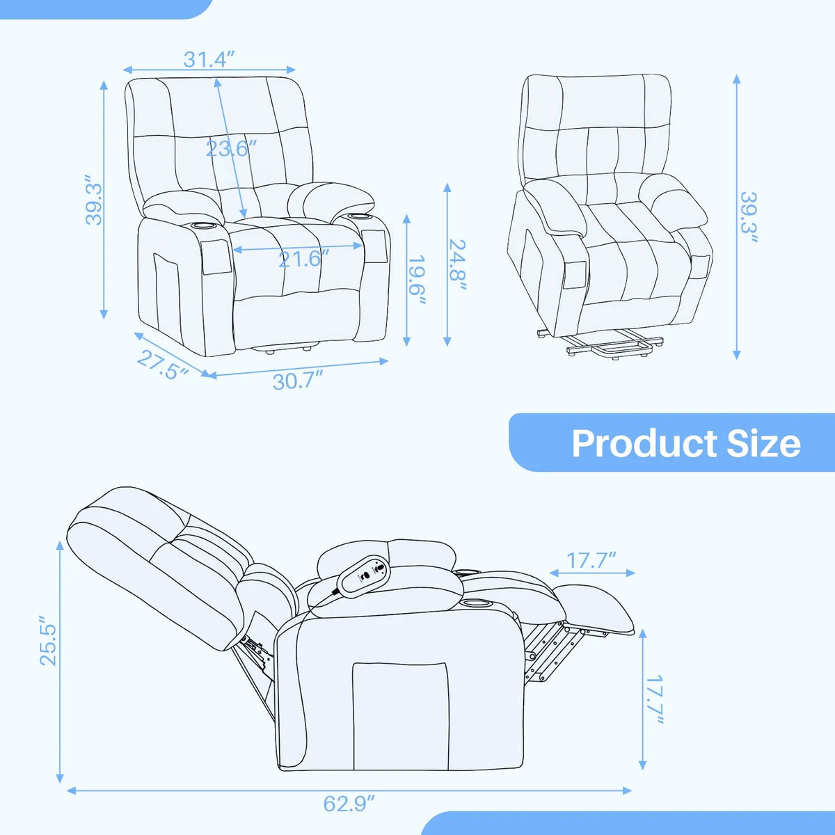 Simenmax Recliner Chair with Massage and Heating, Home Theater Seating with Lumbar Support, Adjustable Electric Power Lift Chairs, Gray