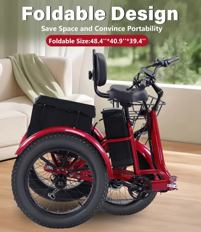 YEBEI Electric Tricycle for Adults Folding E-Trike Motorized Tricycle Electric 3 Wheels Trike Powerful 500W Motor Electric Tricycle 48V15AH Lithium Battery Max 20MPH 20*4.0 Fat Tire Orange