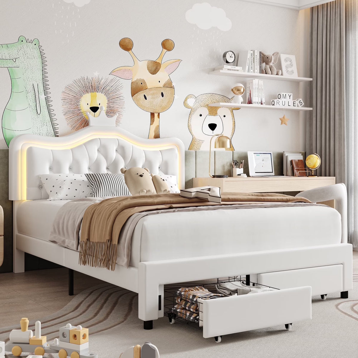 Homfa Full Size Bed, LED Upholstered Bed with Adjustable Crystal Button Tufted Crown Headboard, Soft PU Princess Platform Bed with Storage Drawers, Pink