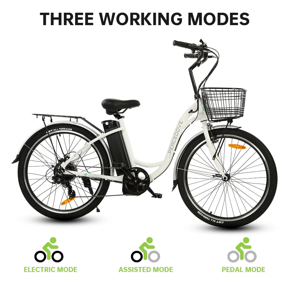 26 Inch 36V 10AH 350W City Bike Electric Bicycle e-bike White with Basket 7 Speed Step Through Commuter for Women Girls