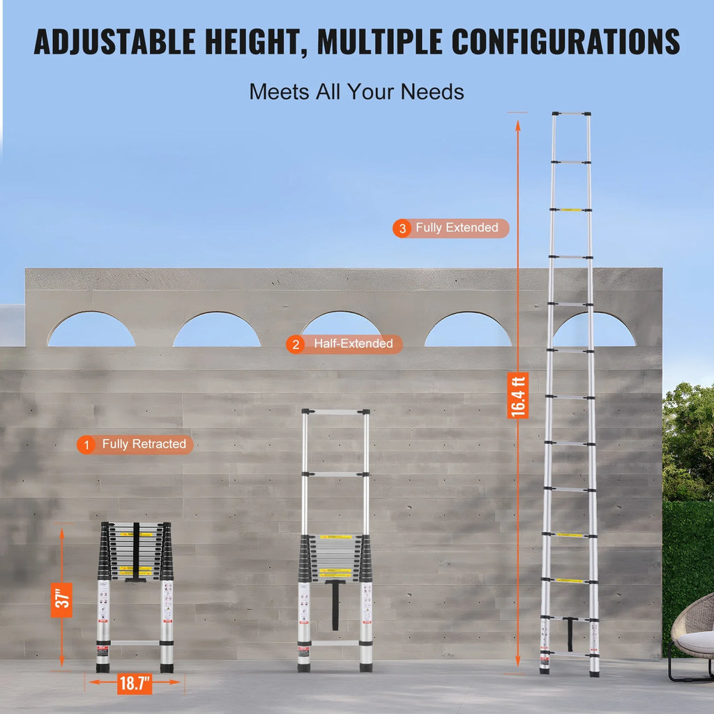 VEVOR Telescoping Ladder, 16.4FT Aluminum Lightweight Extension Ladder, Multi-button Retraction Collapsible Ladder, 375 LBS Capacity with Non-slip Feet, Portable Compact Ladders for Home, RV, Loft