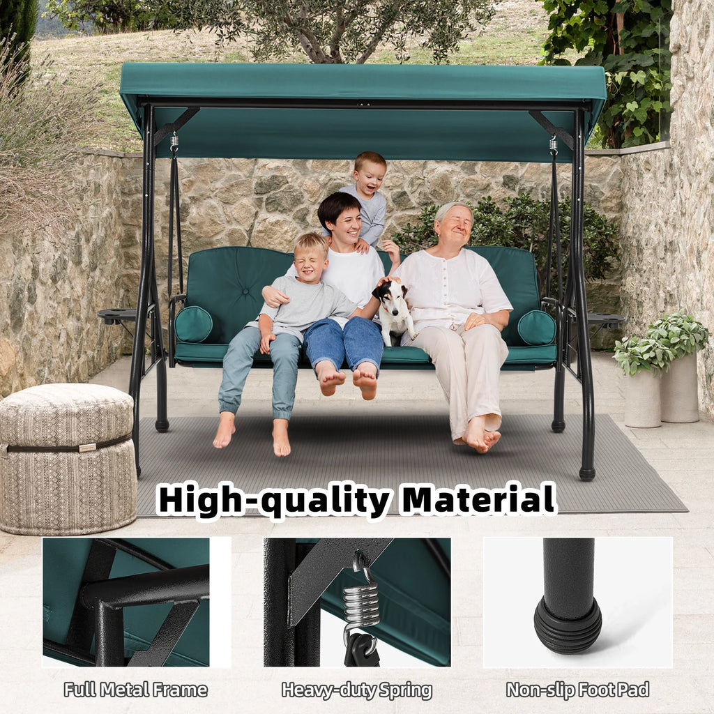 Homrest 3 Seat Outdoor Porch Swing with Adjustable Canopy, Cushions, and Cup Holder - Wine Red
