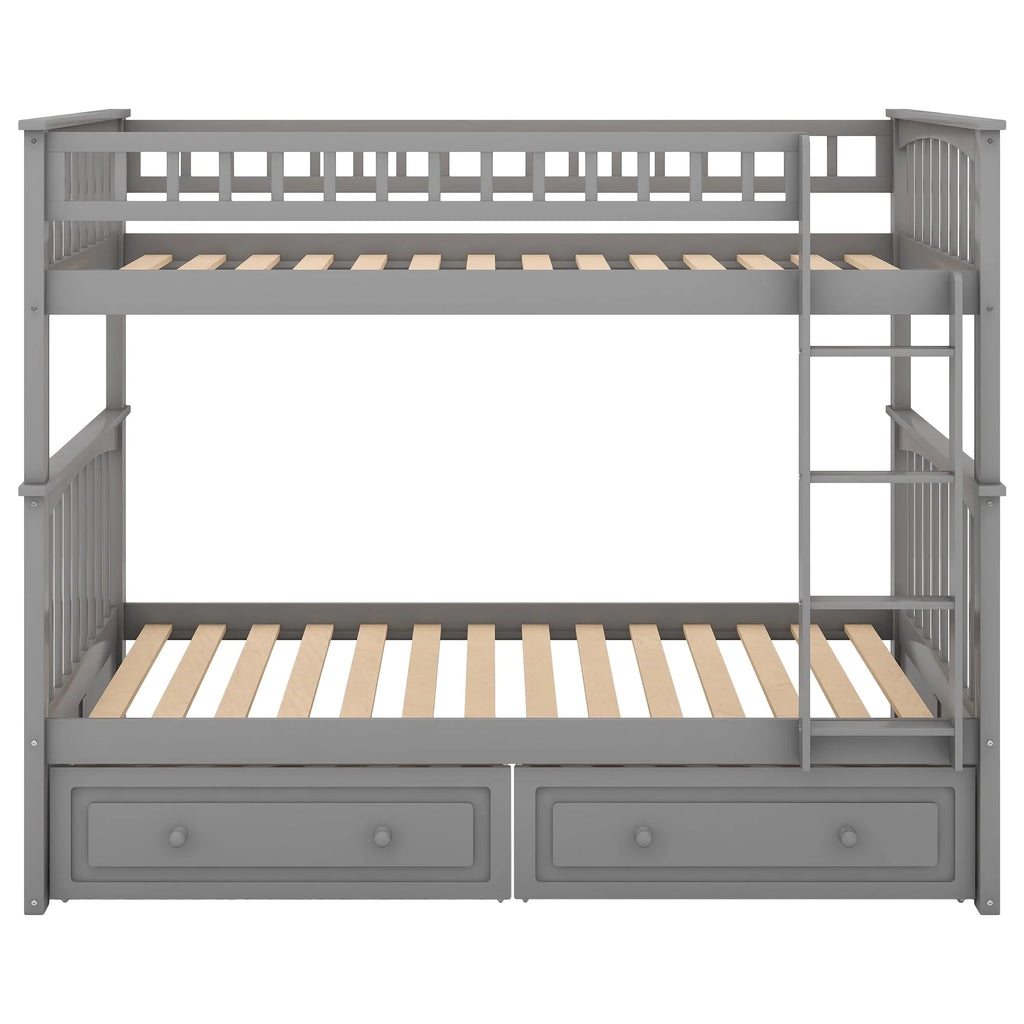 Euroco Pine Wood Bunk Bed with Storage 2 Drawers, Twin-over-Twin Bunk Bed with Safety Rail and Ladder for Kids, Conveted into 2 Single Beds, Sapce-Saving Design, Gray