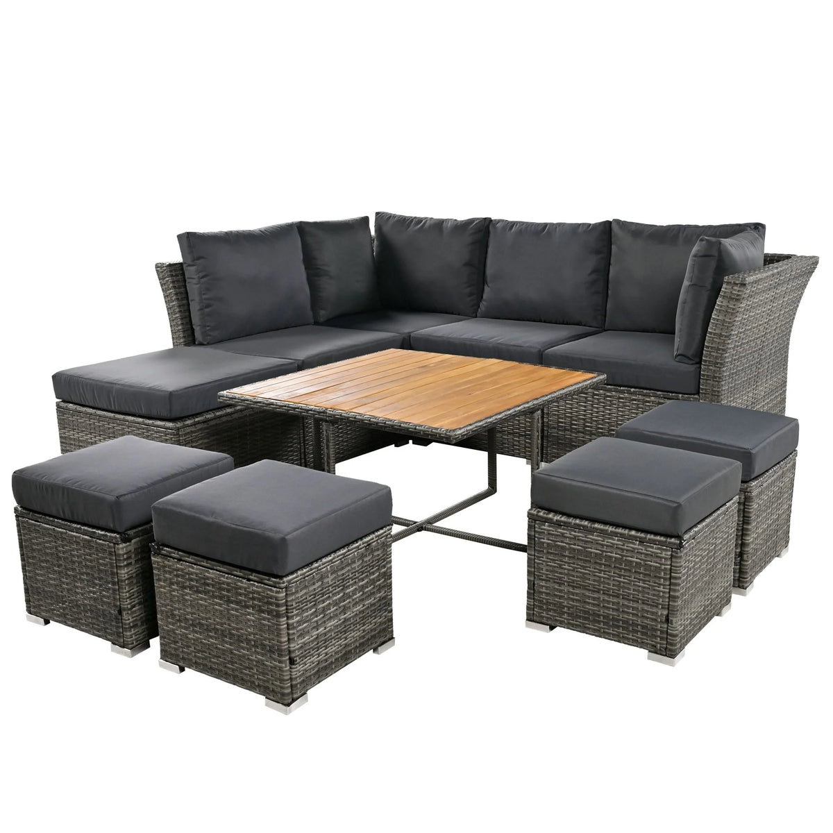 9 Pieces Outdoor Patio Furniture Set Outdoor Sectional Rattan Sofa Set Manual Wicker Patio Conversation Set with Ottomans, Solid Wood Coffee Table for Yard Deck Porch(Grey)