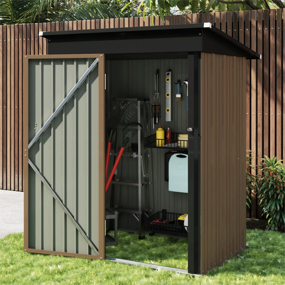 LACOO 4' x 6' Outdoor Storage Metal Shed for Tool Storage, Outdoor House for Backyard & Garden,Brown
