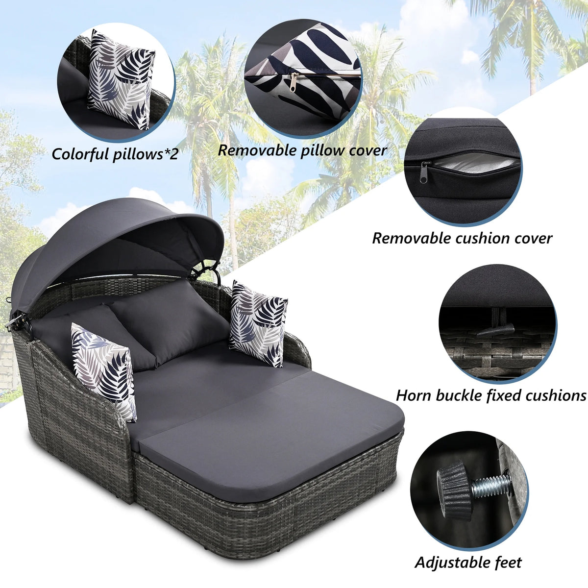 Outdoor Sun Lounger With Adjustable Canopy And Relaxing Pillow - Pe Black Blue Cushion 79.9" Daybed Cozy