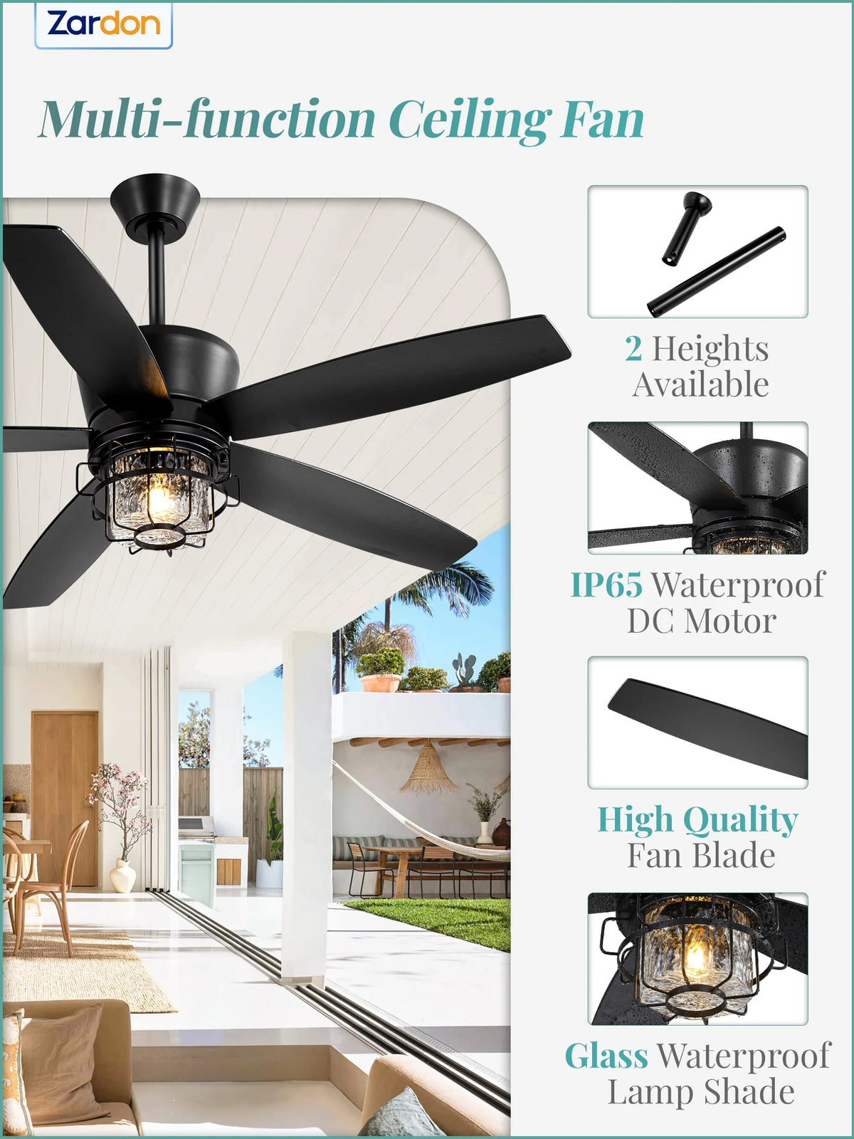Zardon 20" Outdoor Ceiling Fan with Light and Remote, 7 Blades Caged Waterproof Gazebo Fan for Patio, Porch, Pergola Canopy, App Control