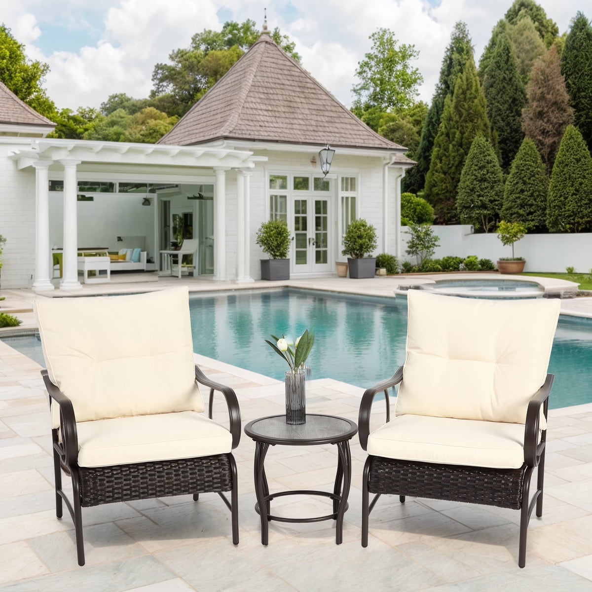 Villeston 3 Piece Outdoor Wicker Conversation Patio Set, with 2 Chairs, Table for Porch Garden,Blue