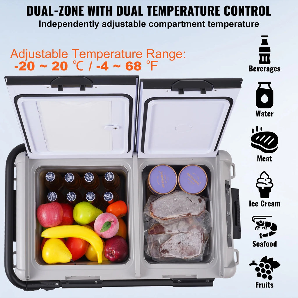 KFFKFF Mobile Car Cooler, 12V Vehicle Fridge, 40L / 42.3 qt Two-Section Portable Freezer, Temperature Range -4 to 68, Compressor-Based Cooling System for Home, Outdoors, Camping, RV, Automobile