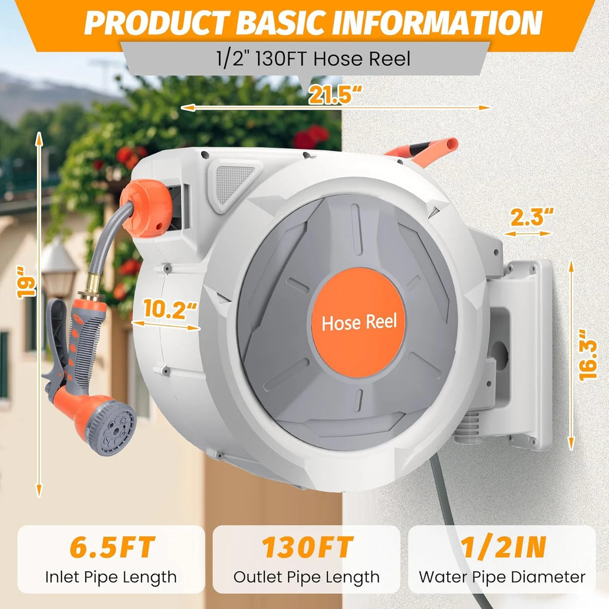 Auto-Retract Wall-Mounted Garden Hose Reel w/9-Pattern Nozzle, 180 Swivel & Any-Length Lock, 600PSI Durable
