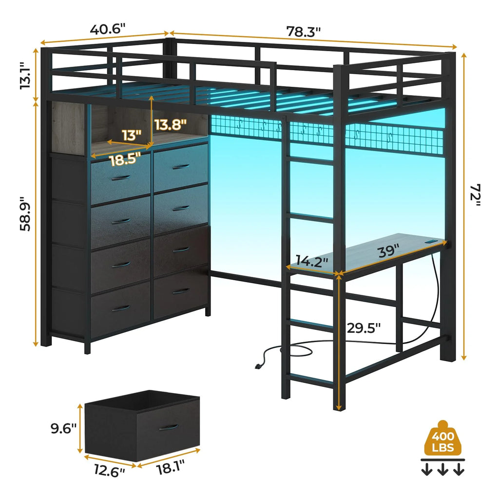 Afuhokles Twin Size Loft Bed with Desk and 8 Storage Drawers and Charging Station, Metal Loft Bed Twin with LED Lights, Storage Shelves, Black