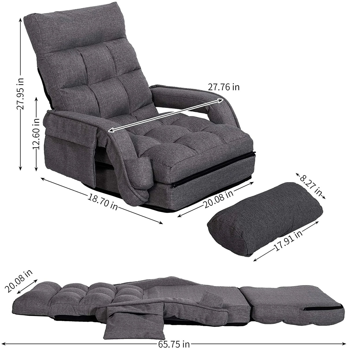 Prime Garden Floor Chair 6-Position Folding Gaming Chair for Meditation Indoor, Light Gray