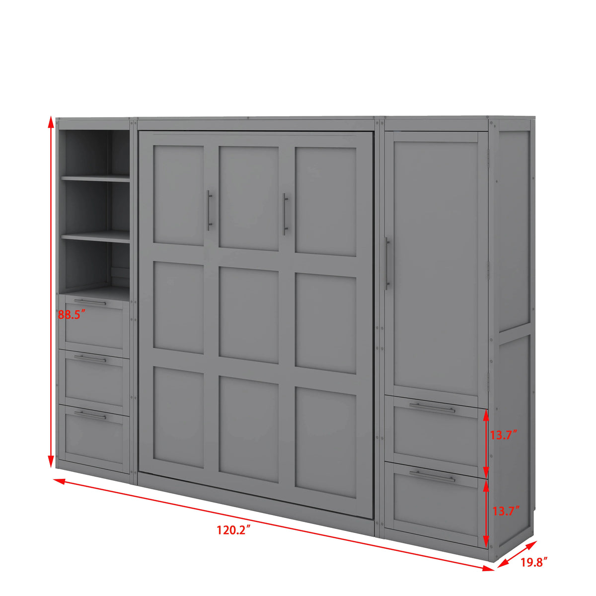 YunNianYang Queen Size Gray Murphy Bed Wall Bed with Closet ,Drawers and Shelves