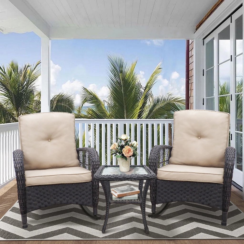 JP Outdoor 3Pcs Outdoor Wicker Rocking Porch Chairs with Coffee Table,Kahki