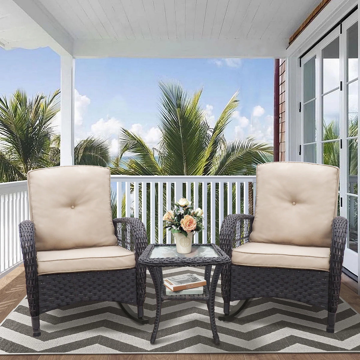 JP Outdoor 3Pcs Outdoor Wicker Rocking Porch Chairs with Coffee Table,Kahki