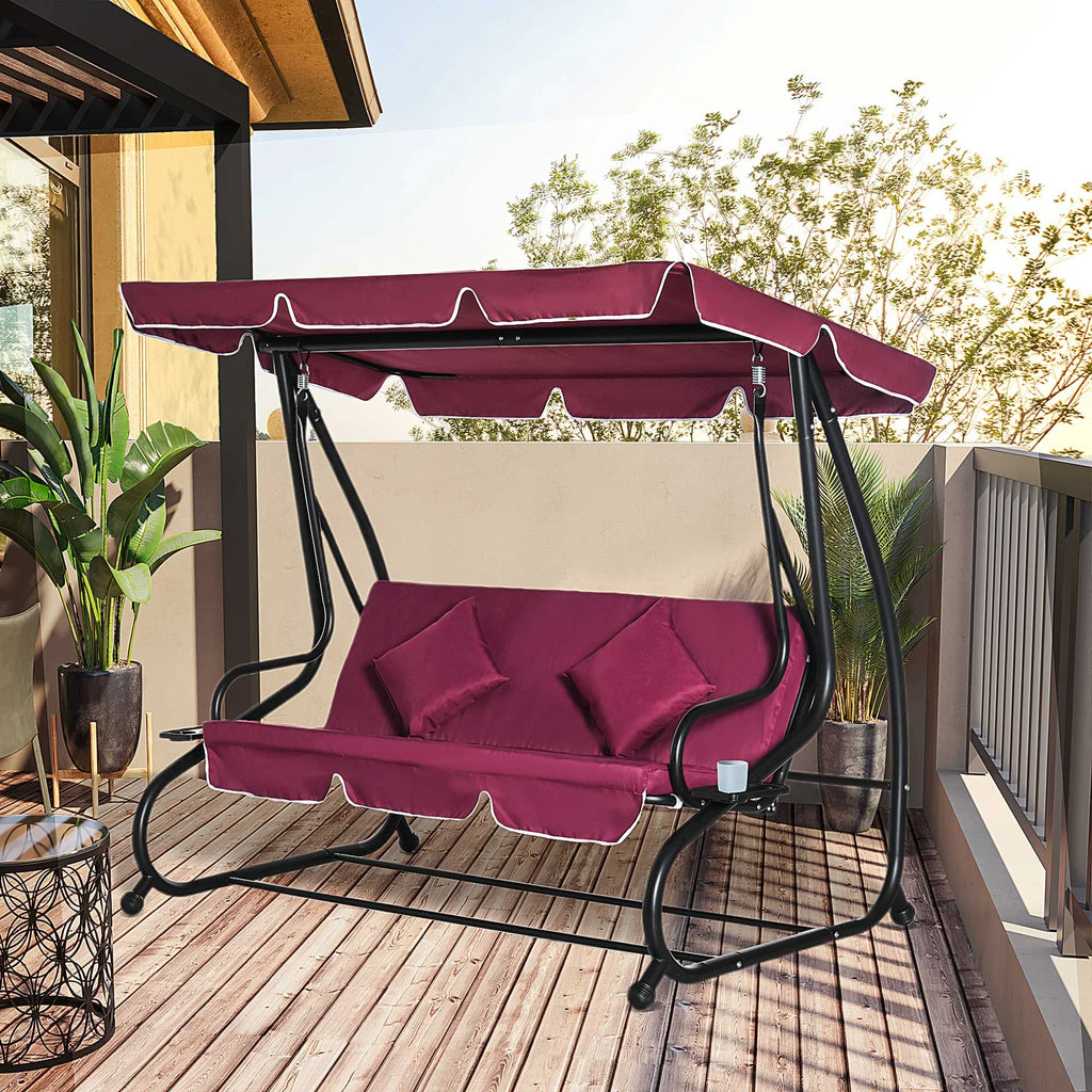 Outsunny 3-Seat Steel Outdoor Canopy Porch Swing with Cushions and Pillows, Light Brown
