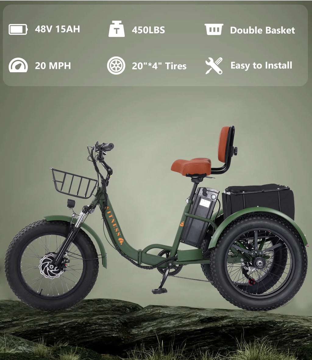 YEBEI Electric Tricycle for Adults Folding E-Trike Motorized Tricycle Electric 3 Wheels Trike Powerful 500W Motor Electric Tricycle 48V15AH Lithium Battery Max 20MPH 20*4.0 Fat Tire Orange
