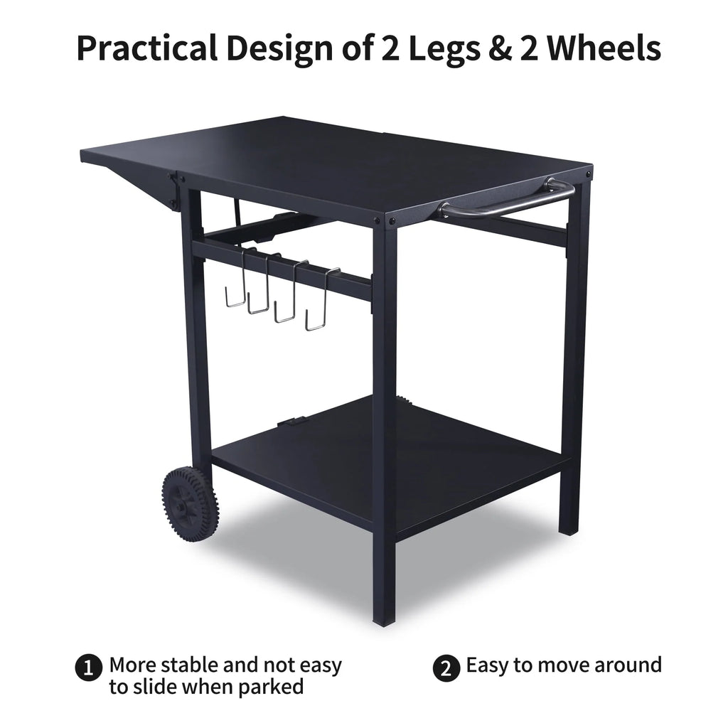 Pizzello Outdoor Grill Pizza Oven Food Prep Bbq Cart Stand Table with Storage Wheels Expandable Countertop, Black