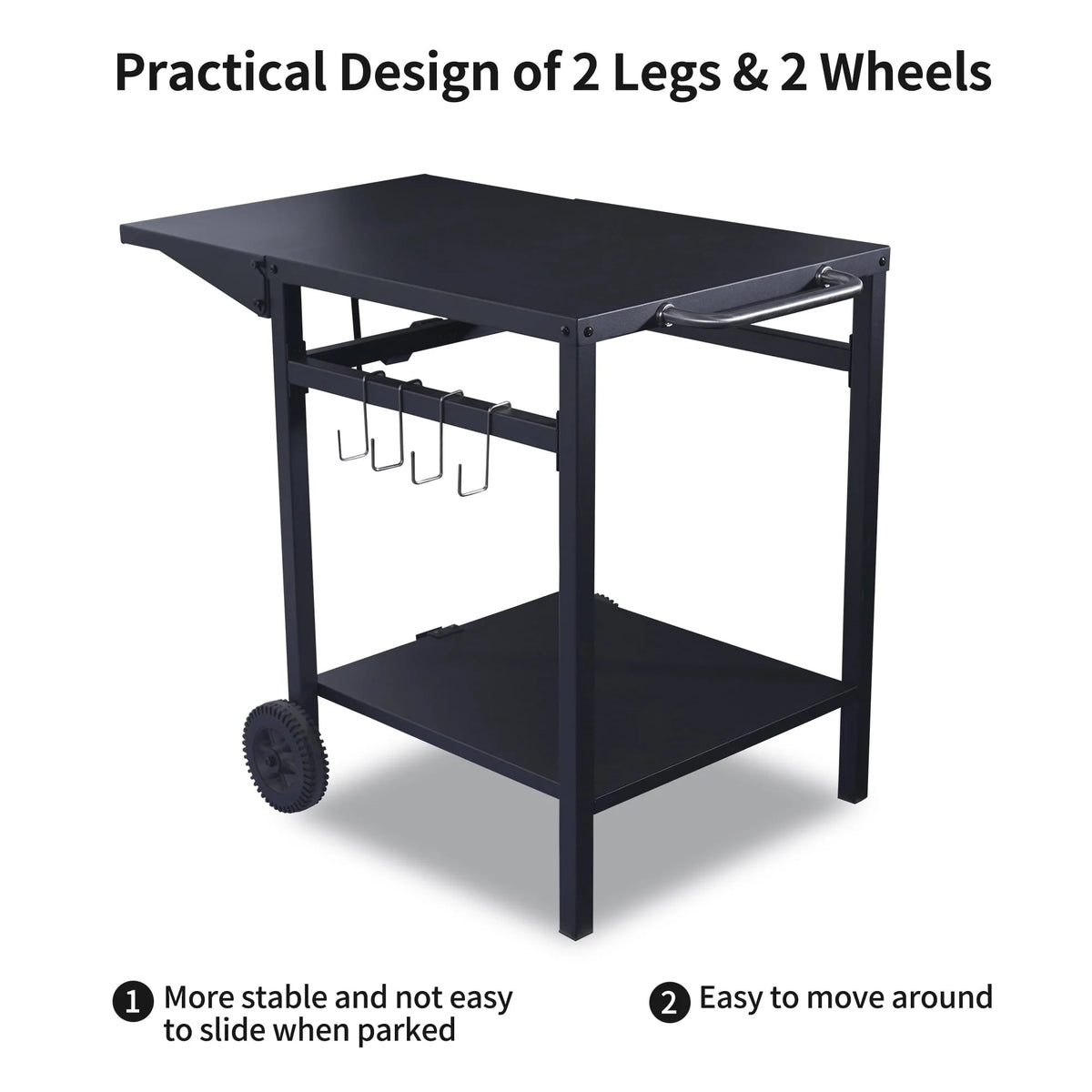 Pizzello Outdoor Grill Pizza Oven Food Prep Bbq Cart Stand Table with Storage Wheels Expandable Countertop, Black