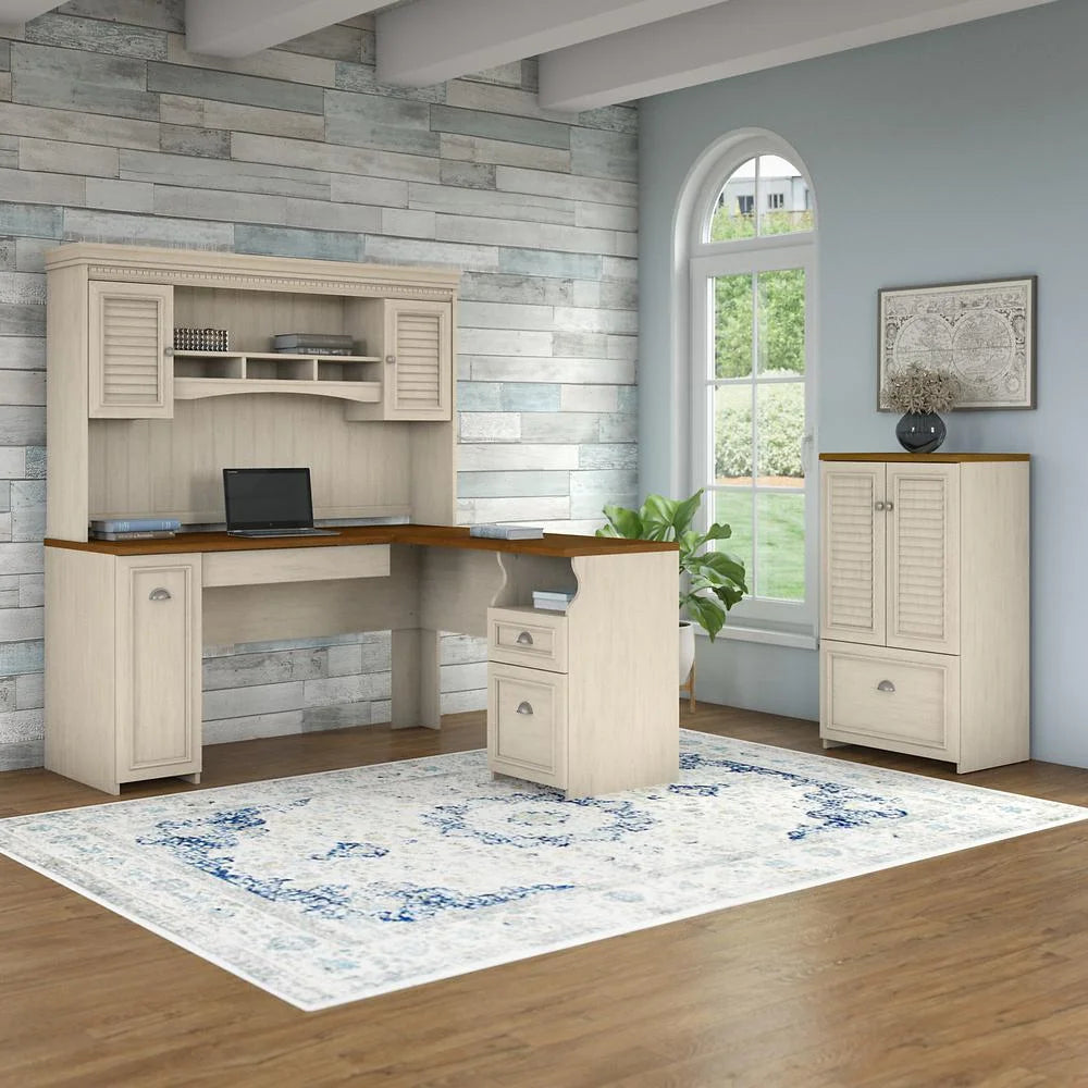 Fairview L Desk with Hutch and Storage Cabinet in White/Gray - Engineered Wood