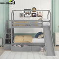 Bellemave Twin Over Twin House Bunk Bed with Slide and Stairs,Wooden Bunk Bed with Storage Drawers,Playhouse Bed for Kids,Teens(Gray)