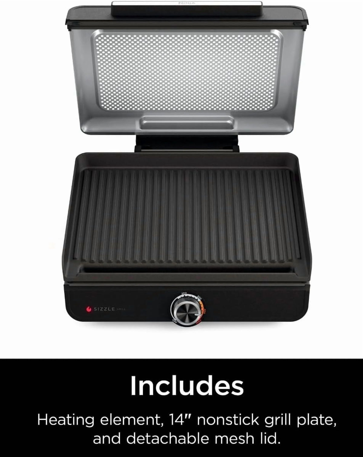Ninja Sizzle Indoor Grill, 500F High Heat Kitchen Grill with Nonstick 14 Inch Plate, Low-Smoke Technology, Edge-to-Edge Heating, Family-Sized Capacity, Countertop Cooking Tool (GR100)