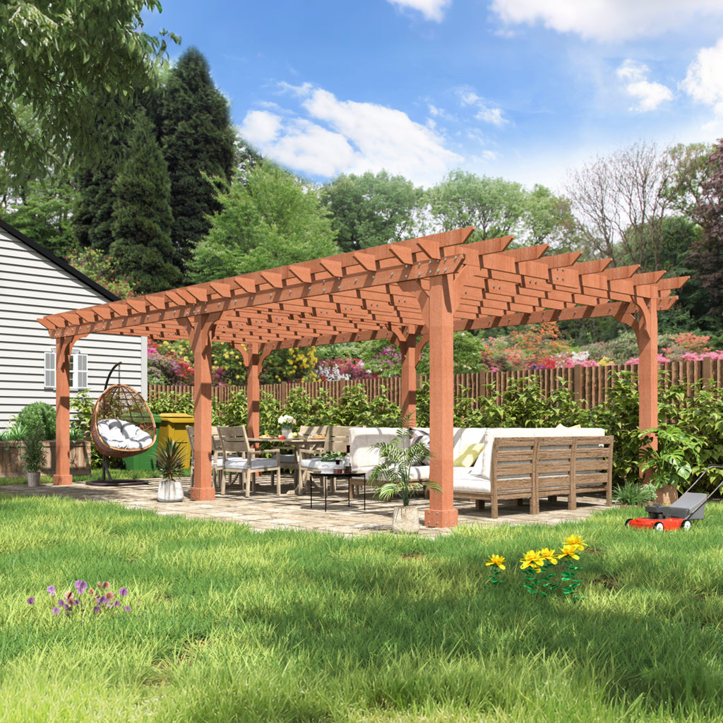 VEIKOUS 12'x10' Cedar Wood Pergola w/ Flat Roof and Ground Stakes for Outdoor Patio, Garden, Deck