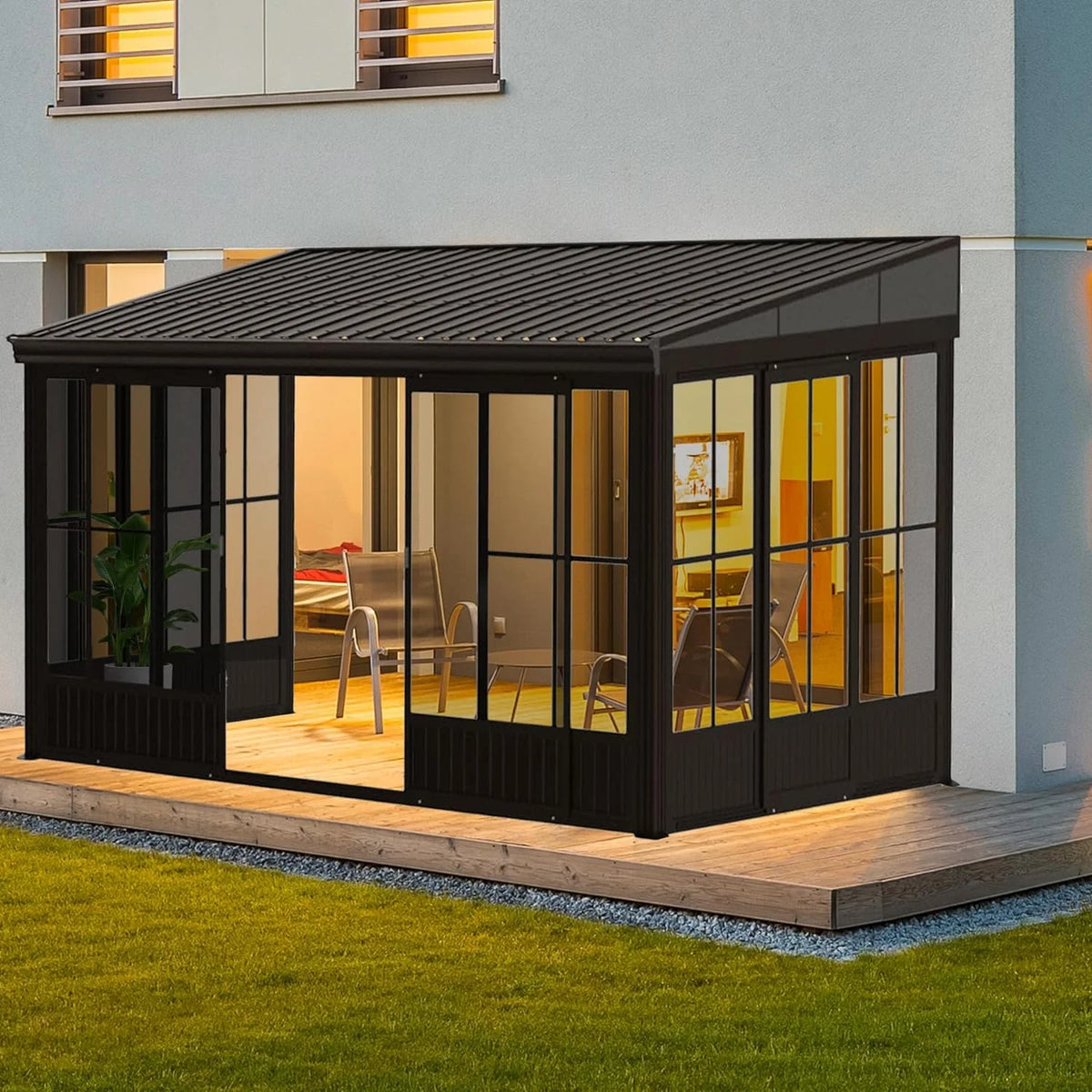 Domi Outdoor Living 10' x 12' Hardtop Lean-to Gazebo, Wall-Mounted with Galvanized Steel Roof Wall Pergola with Aluminum Frame, Curtains and Netting, for Patio, Deck, Garden, Backyard