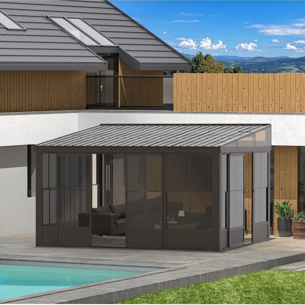 Domi Outdoor Living 10' x 12' Hardtop Lean-to Gazebo, Wall-Mounted with Galvanized Steel Roof Wall Pergola with Aluminum Frame, Curtains and Netting, for Patio, Deck, Garden, Backyard