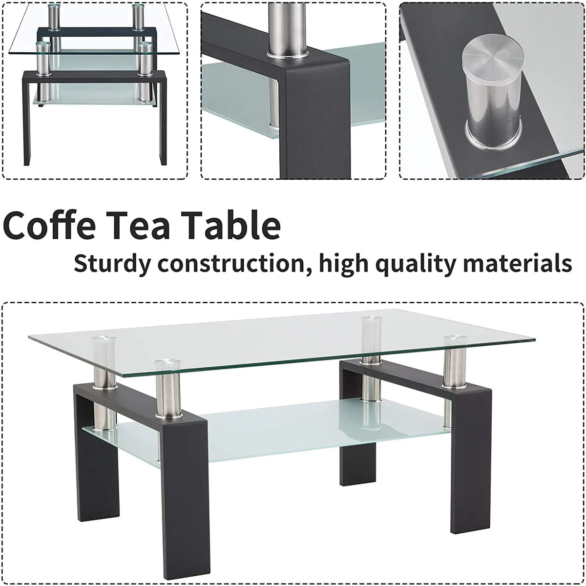 Glass Coffee Table with Lower Shelf, Clear Rectangle Glass Coffee Table, Modern Coffee Table with Metal Legs, Rectangle Center Table Sofa Table Home Furniture for Living Room, L5509