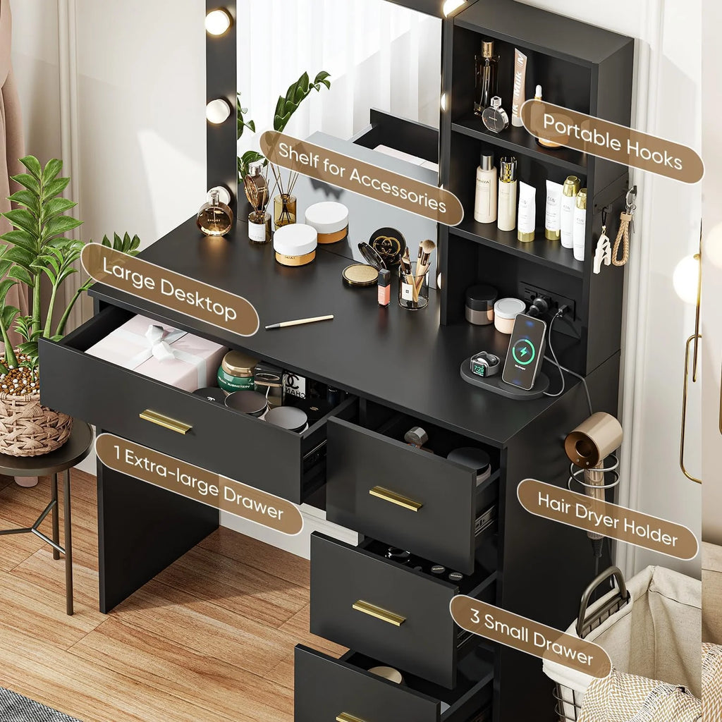 Makeup Vanity with Mirror and 3 Color Lights,Vanity Dressing Table with USB Charging Station,4 Drawers,Open Storage Shelves,White