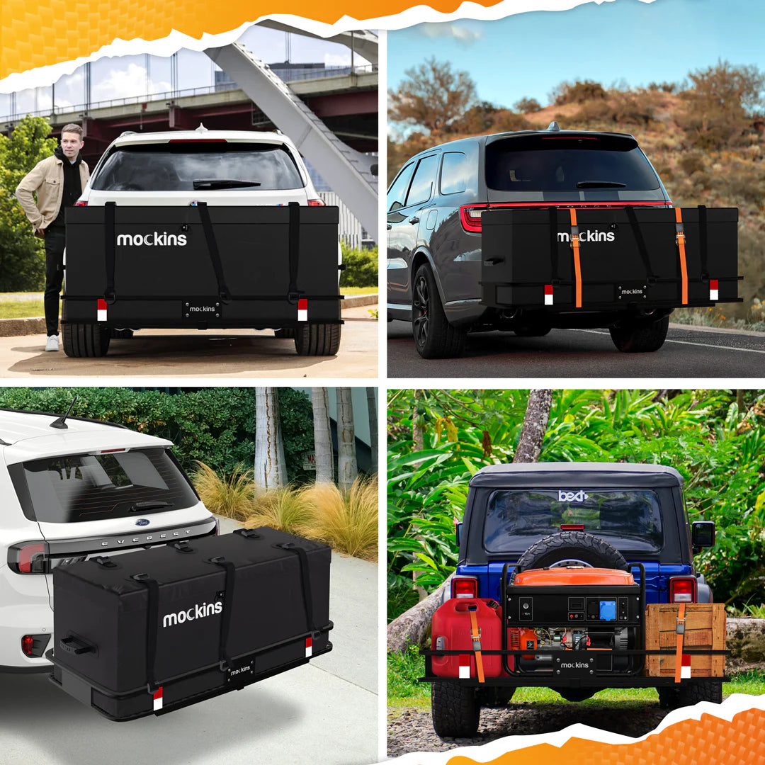Mockins 60"x20"x6" Car Cargo Carrier Hitch Mount | 500 lbs Cap. Folding Hitch Basket with 16 CF Cargo Bag