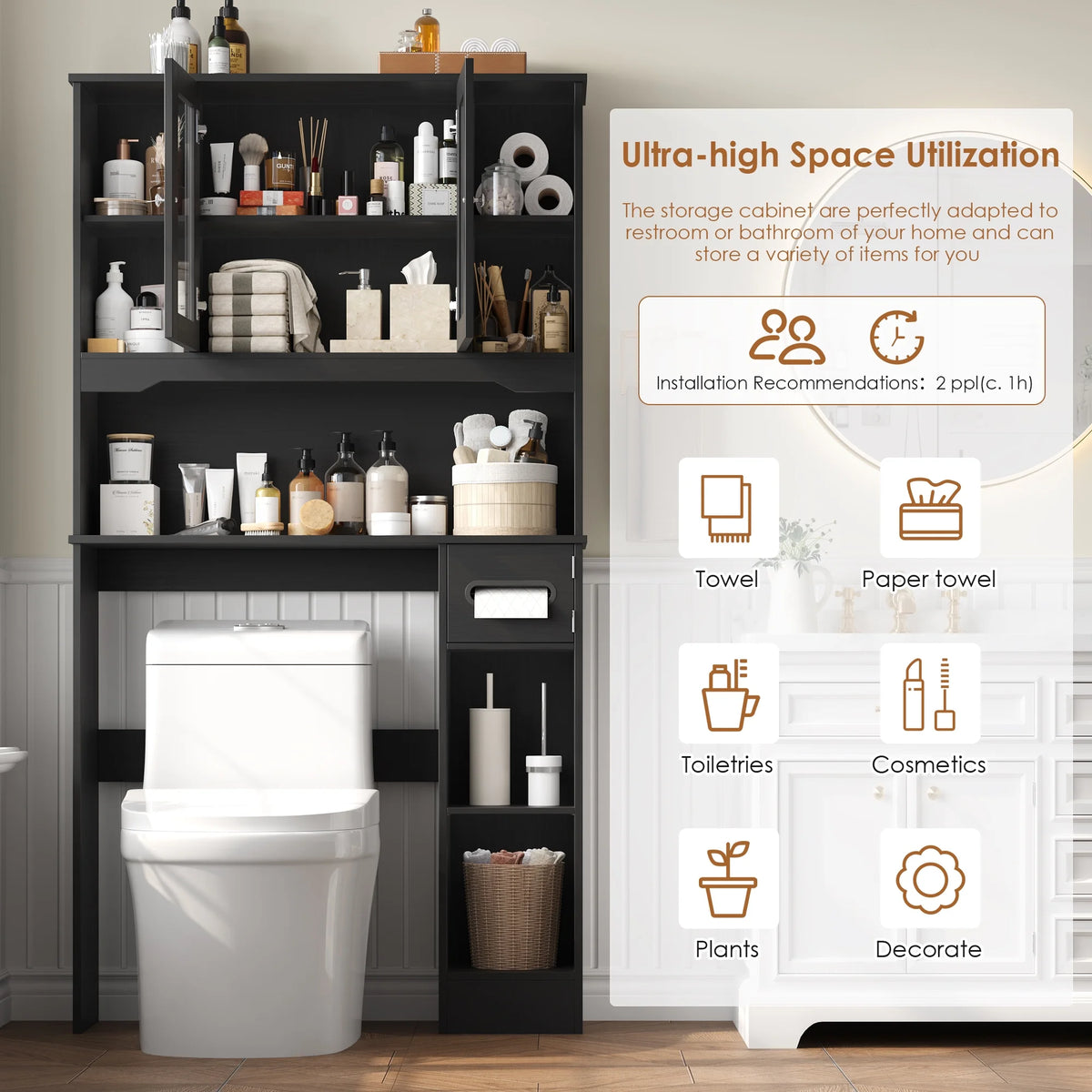 Homfa Over The Toilet Storage Cabinet with Toilet Paper Holder Stand, Above Toilet Organizer with Glass Doors, Behind Toilet Shelf for Restroom, Bathroom, Laundry, White