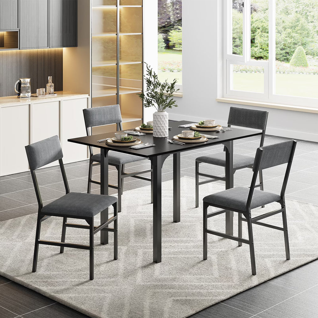 Fairy Dining Table Set for 4, Extendable Kitchen Table Cushion Chairs Set of 4, Rectangle Dining Table with Metal Frame & MDF Board, Folding for Small Apartment Saving Space, Black