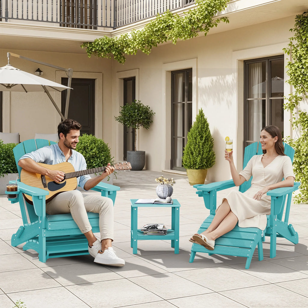 SERWALL Outdoor Adjustable Folding HDPE Adirondack Chairs Set of 2 with Cup Holder, Gray