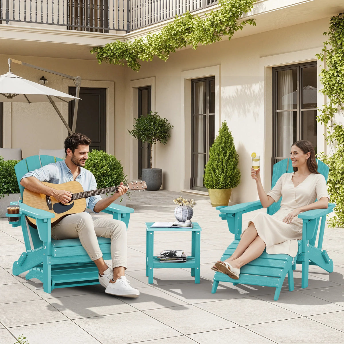SERWALL Outdoor Adjustable Folding HDPE Adirondack Chairs Set of 2 with Cup Holder, Gray