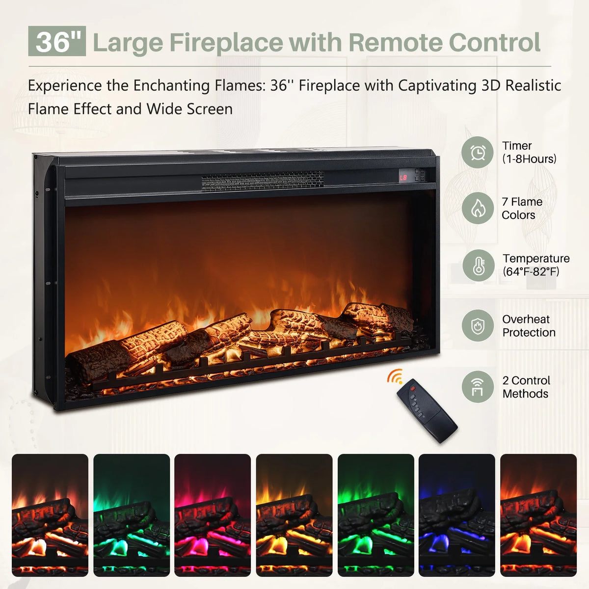 SinCiDo Fluted Fireplace TV Stand for 80 inch, Entertainment Center with 36" Electric Fireplace, 2 Drawers and Adjustable Shelves, Wood TV Stand for Living Room