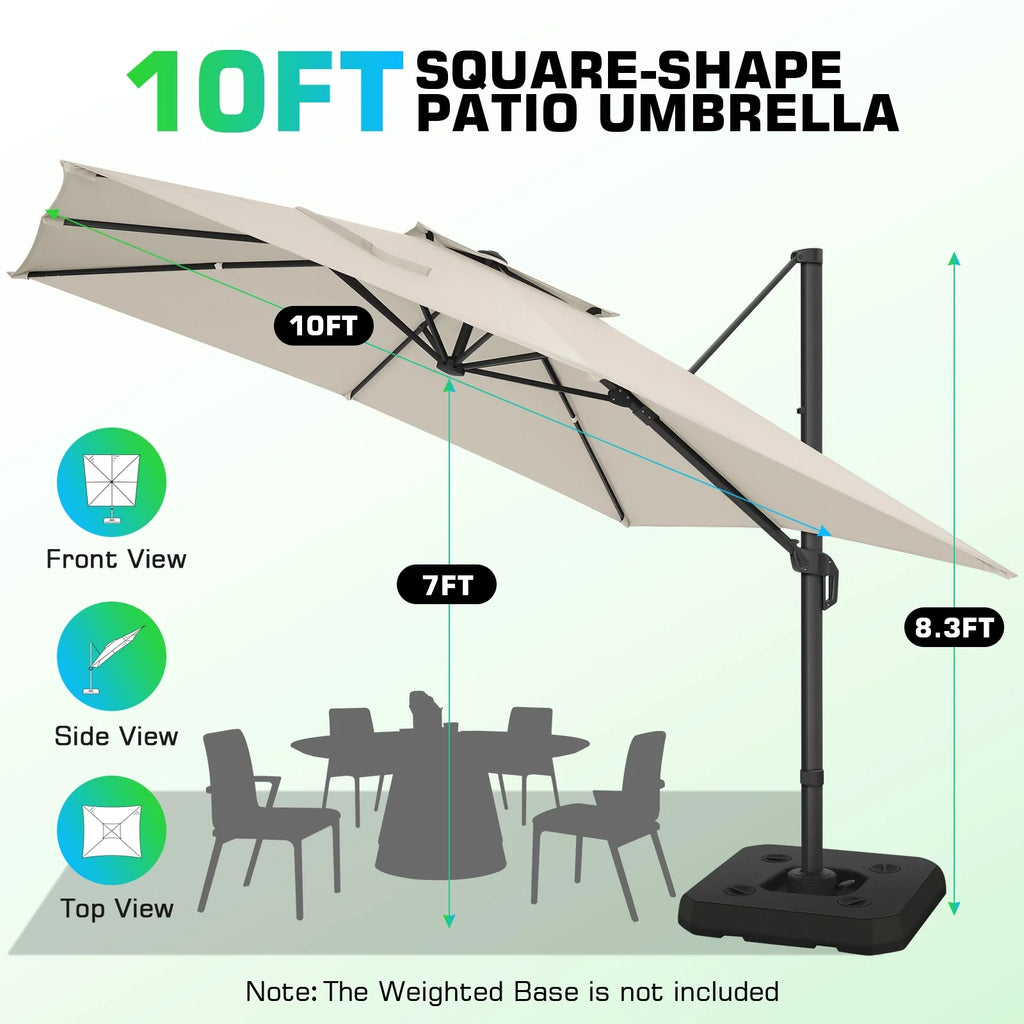 HOTEEL 10 Ft Patio Umbrella Outdoor Cantilever Square Umbrella Aluminum Offset Umbrella with Base, 360° Rotation，Gray