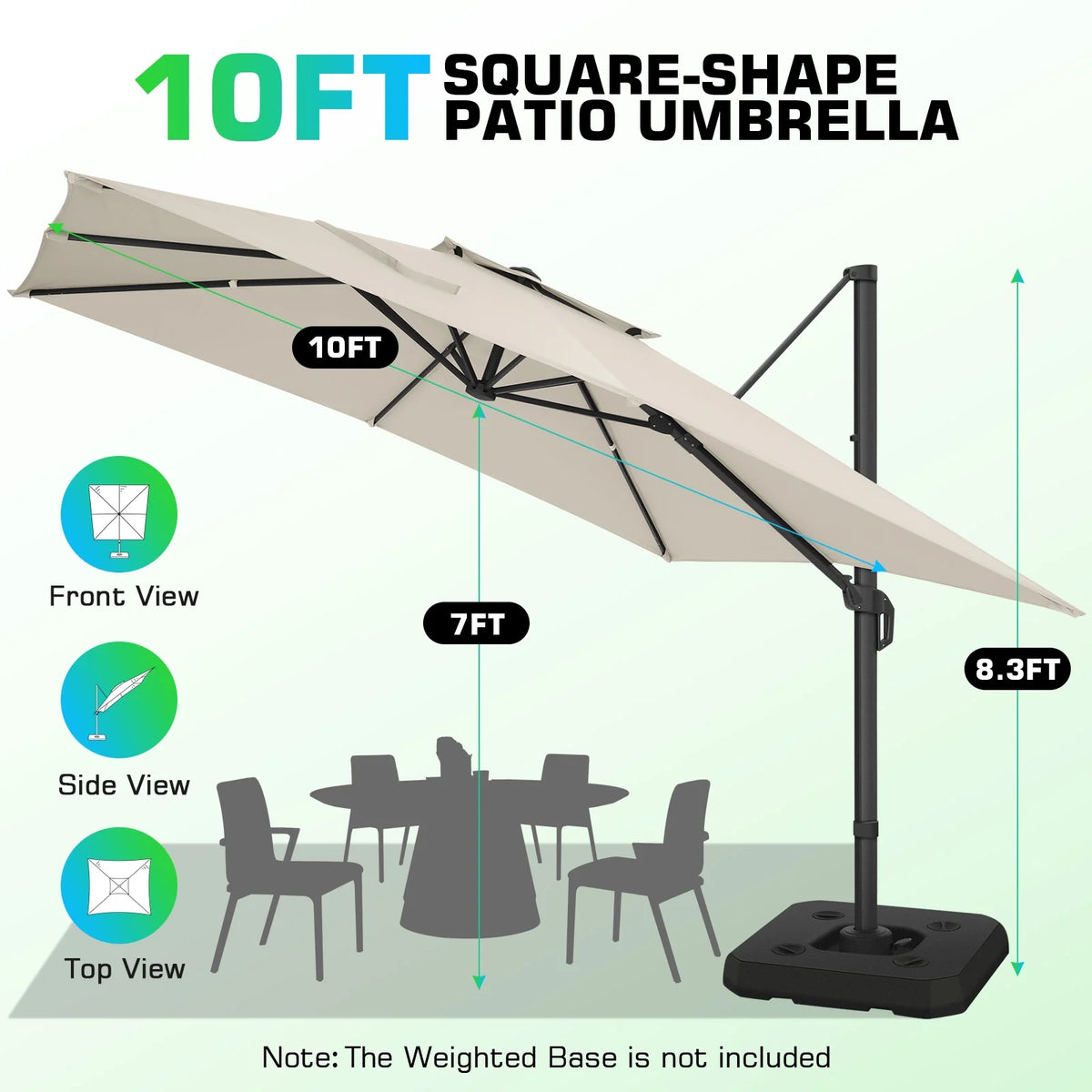 HOTEEL 10 Ft Patio Umbrella Outdoor Cantilever Square Umbrella Aluminum Offset Umbrella with Base, 360° Rotation，Gray