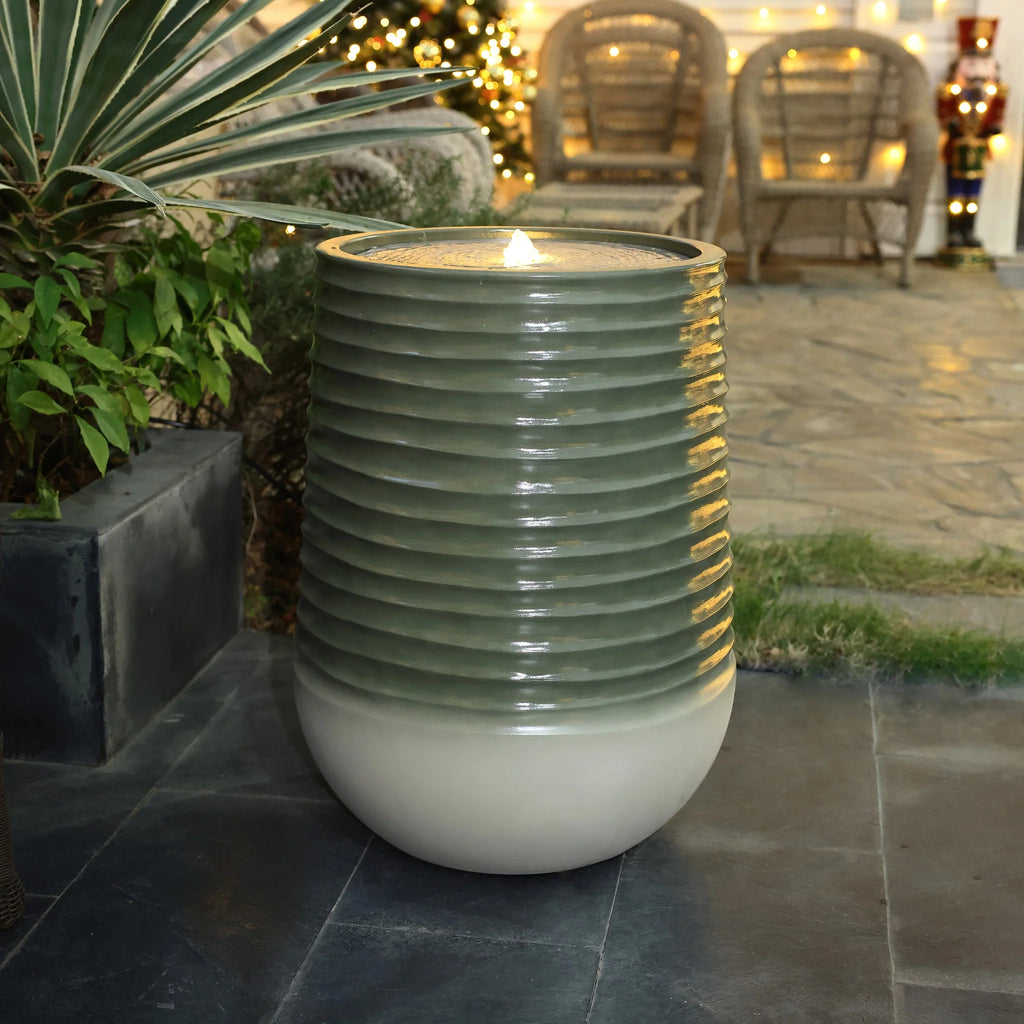 LuxenHome 20" Resin Lighted Garden Bubbling Water Fountain with Emerald Ribbed Top and Ivory Bottom