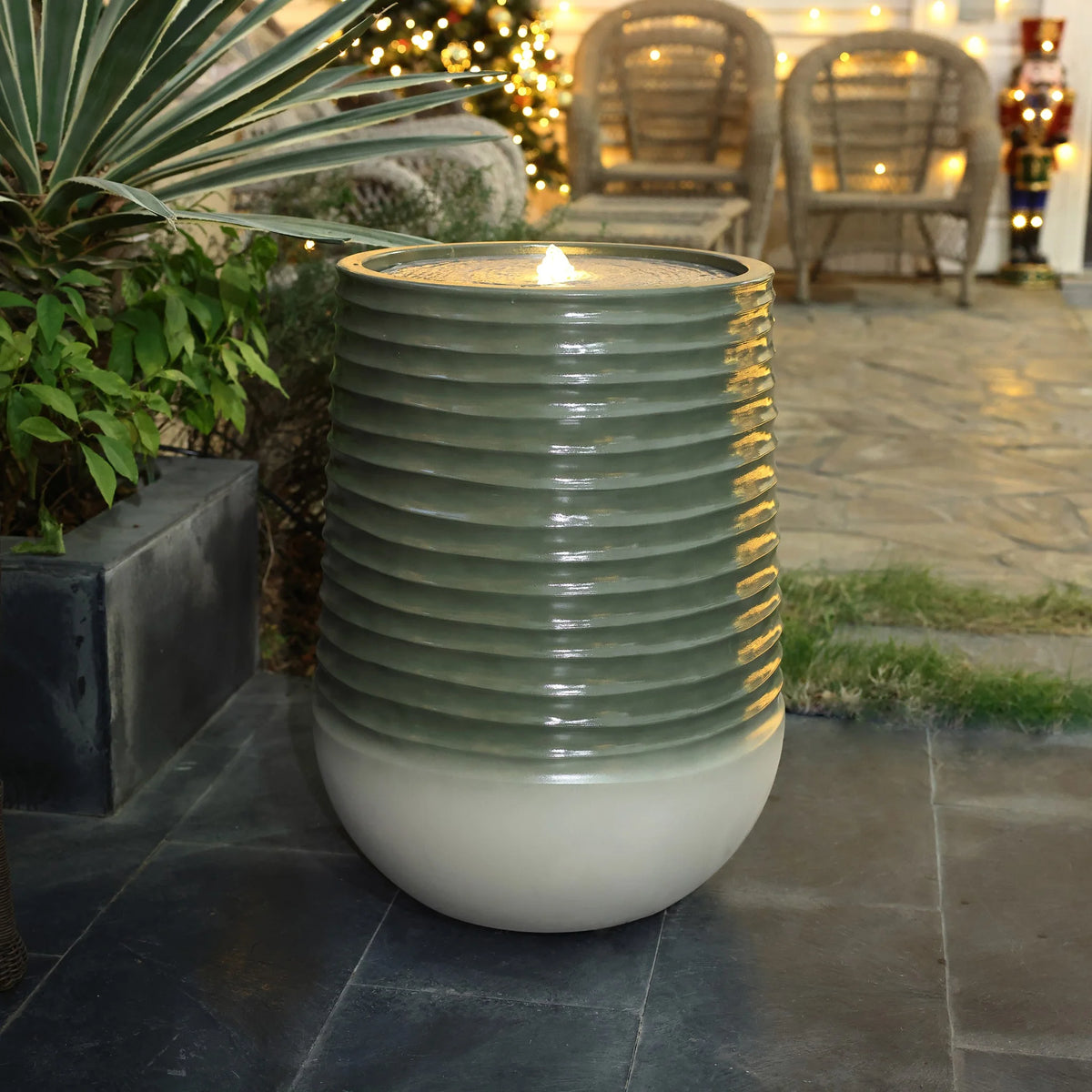LuxenHome 20" Resin Lighted Garden Bubbling Water Fountain with Emerald Ribbed Top and Ivory Bottom