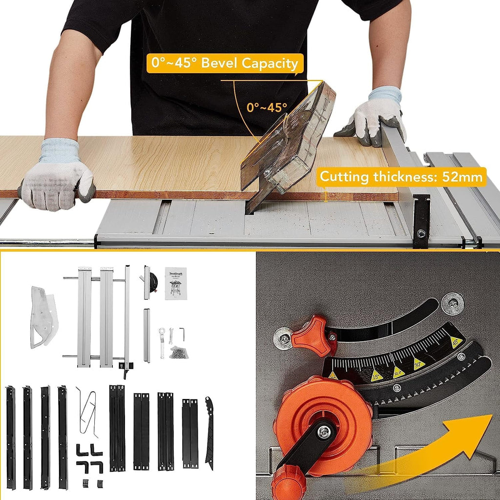 Garvee 10" Table Saw - 15A Electric Table Saw with Metal Stand, 90 Cross Cut & 0-45 Bevel Cut, Cutting Speed Up to 5000RPM Multifunctional Saw Adjustable Blade Height for Woodworking,Gray