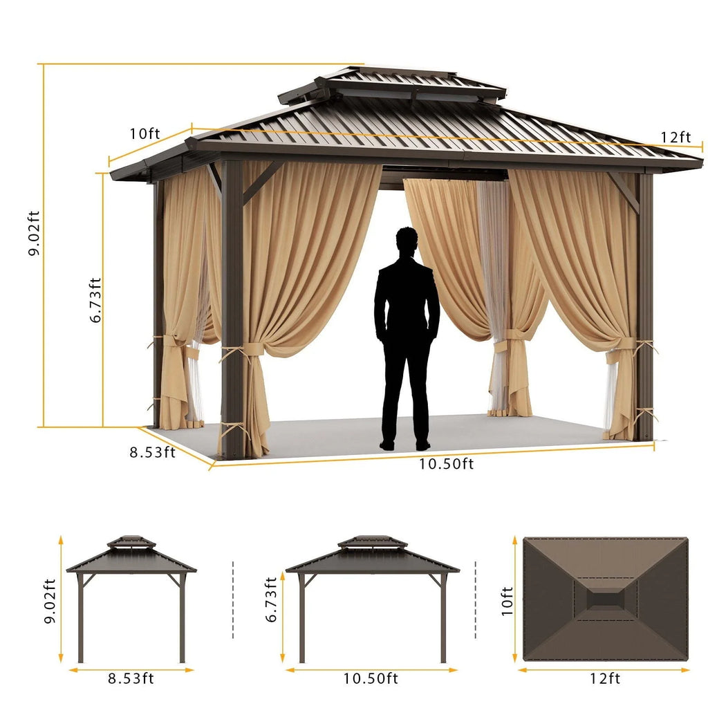 COBIZI 10x12 Hardtop Gazebo Aluminum Gazebos with Galvanized Steel Double Roof Metal Gazebo with Curtains and Netting Permanent Steel Gazebo for Backyard, Garden and Patio, Brown