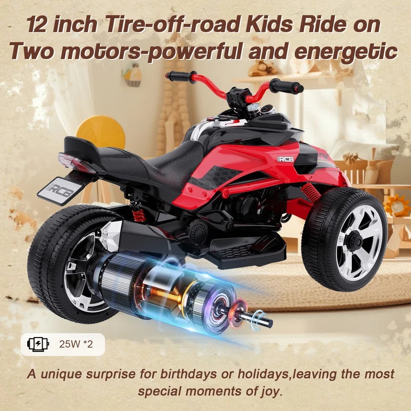 RCB 12V Electric Ride-On,Dual Motors,Music,Up to 5 mph,3 Wheel ATV Style for Kids Ages 3+,Black