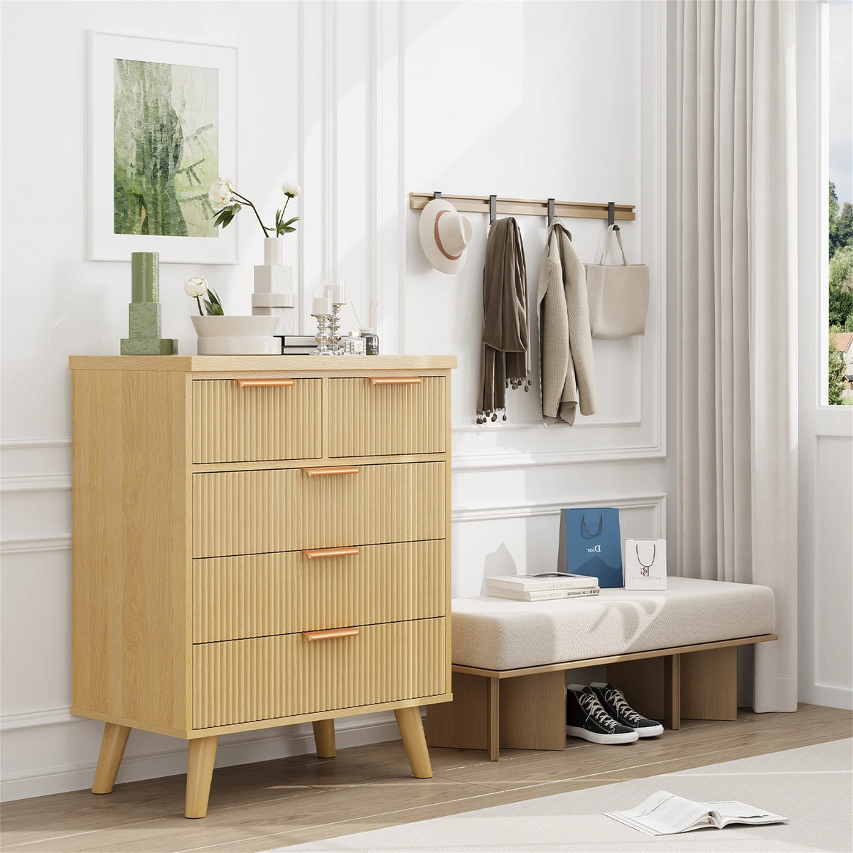 Planntonneo Boho Fluted 6 Drawer Dresser, Wooden Chests for Bedroom