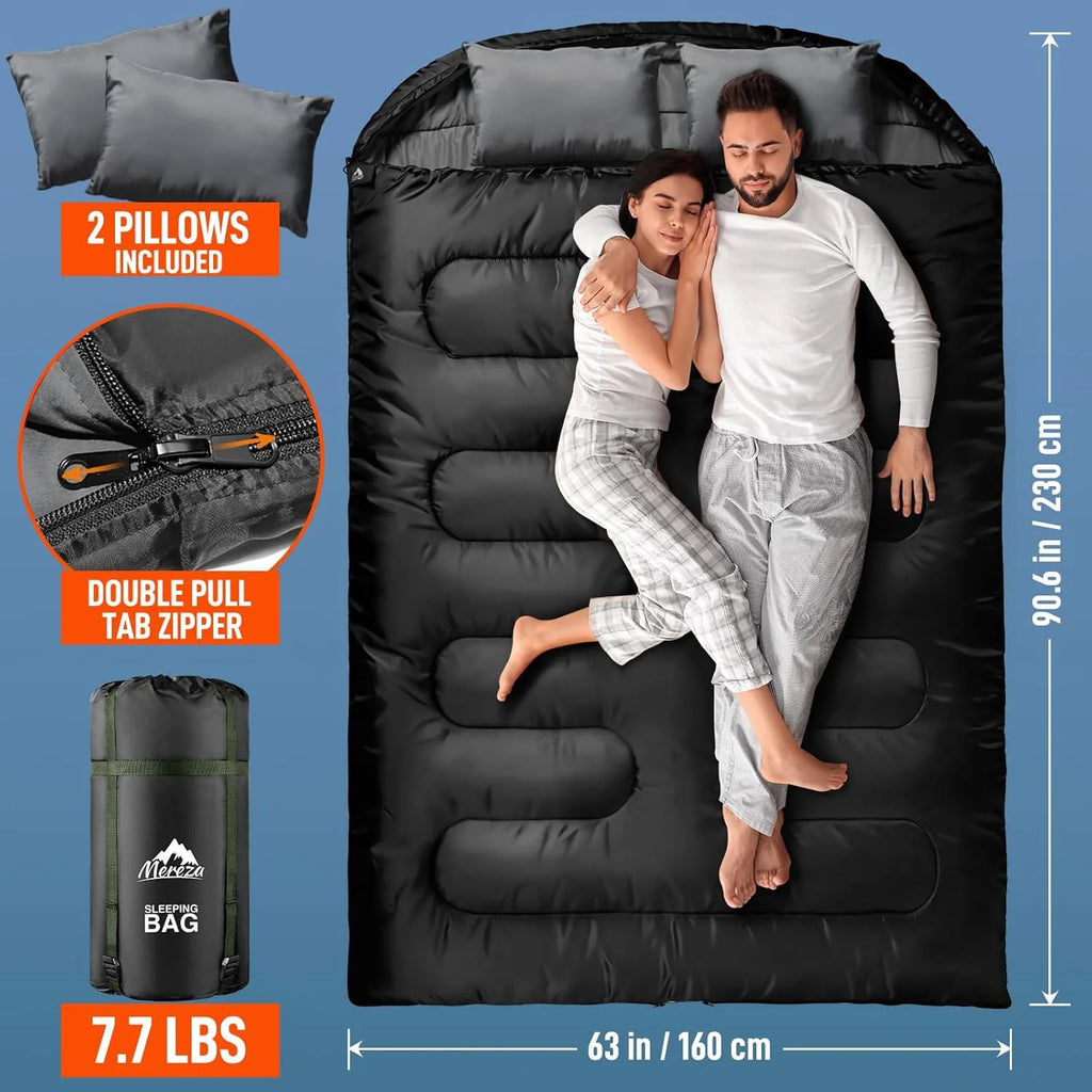 Double Sleeping Bag for Adults Mens with Pillow, XL Queen Size Two Person Sleeping Bag for All Season Camping Hiking Backpacking 2 Person Sleeping Bags for Cold Weather & Warm