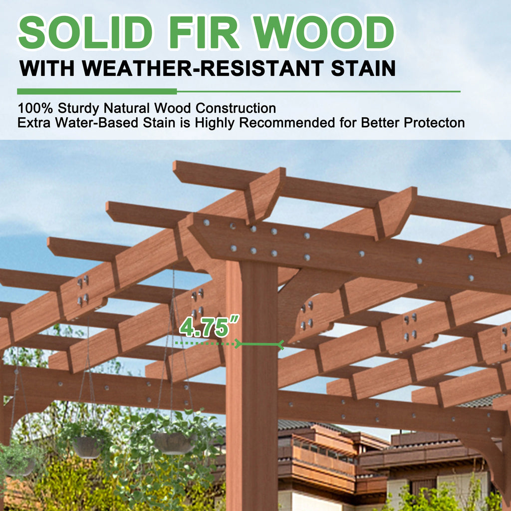 VEIKOUS 12'x10' Cedar Wood Pergola w/ Flat Roof and Ground Stakes for Outdoor Patio, Garden, Deck