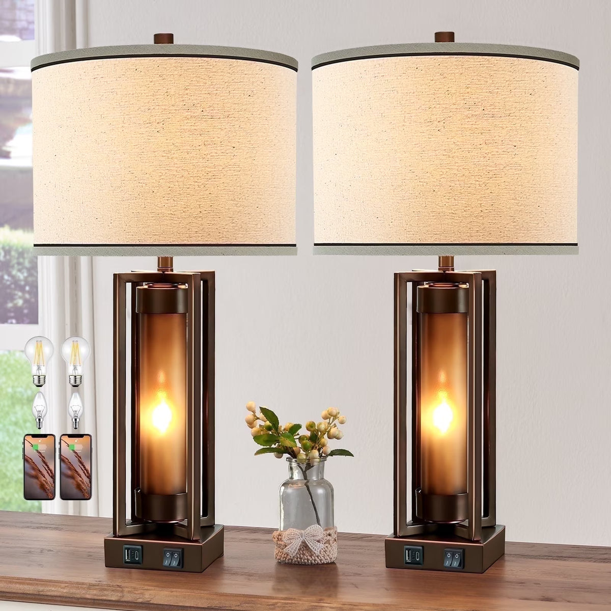 RORIA 24 Modern Living Room Table Lamp 2-Piece Set with 2 USB Charging Ports, Built-in White Frosted Glass with Night Light, Black Vintage Rustic Farmhouse Lamp for Bedroom Nightstand Lamps